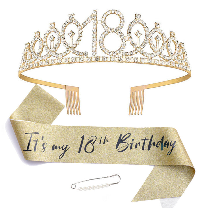 Women Crystal-Embellished Birthday Crown with Personalized Sash Kalsten