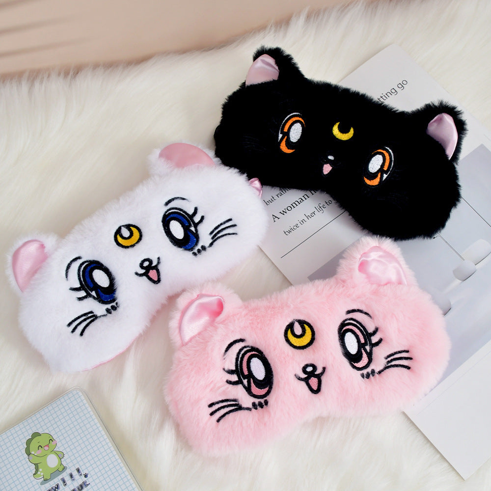 Women's fluffy sleep mask with embroidered cat design and soft comfort ears Kalsten