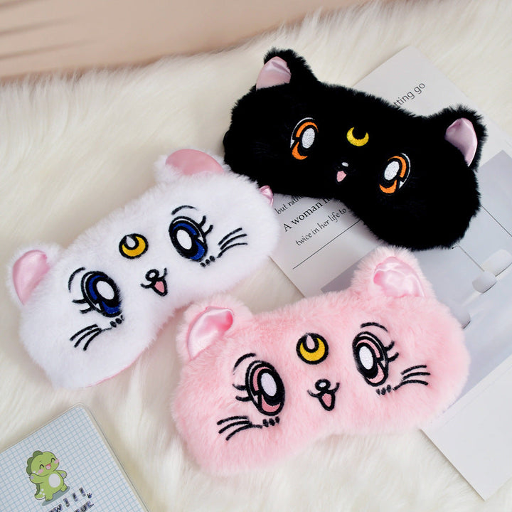 Women's fluffy sleep mask with embroidered cat design and soft comfort ears Kalsten