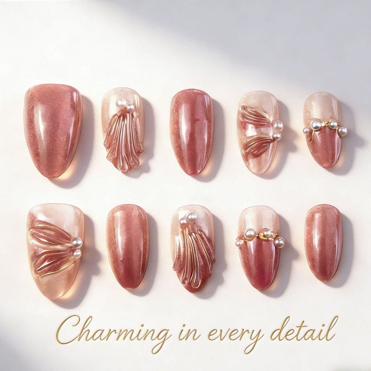Artificial nail set with elegant rose and gold embellishments Acalora