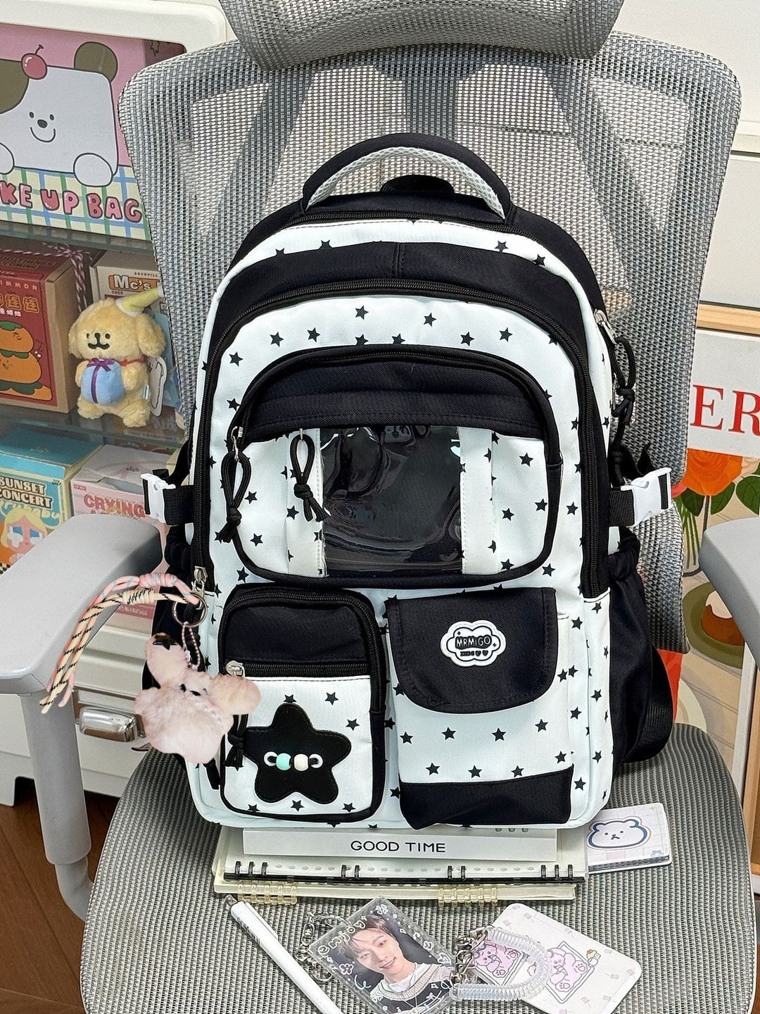 Cute Star-Print Multi-Pocket School Backpack