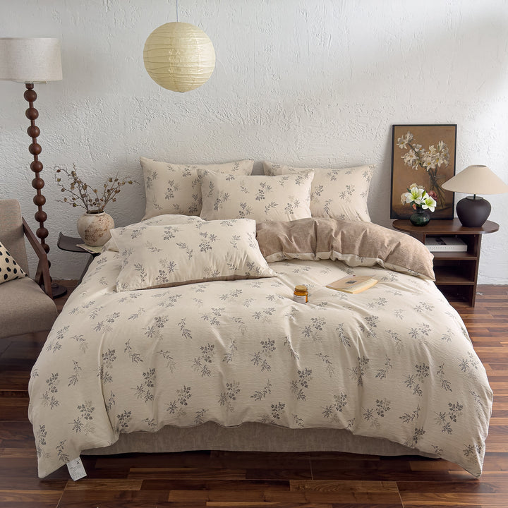 Floral Butterfly Duvet Cover Set With Brushed Cotton‑Blend Linen Texture And Corner Tie Pillowcase Ensemble