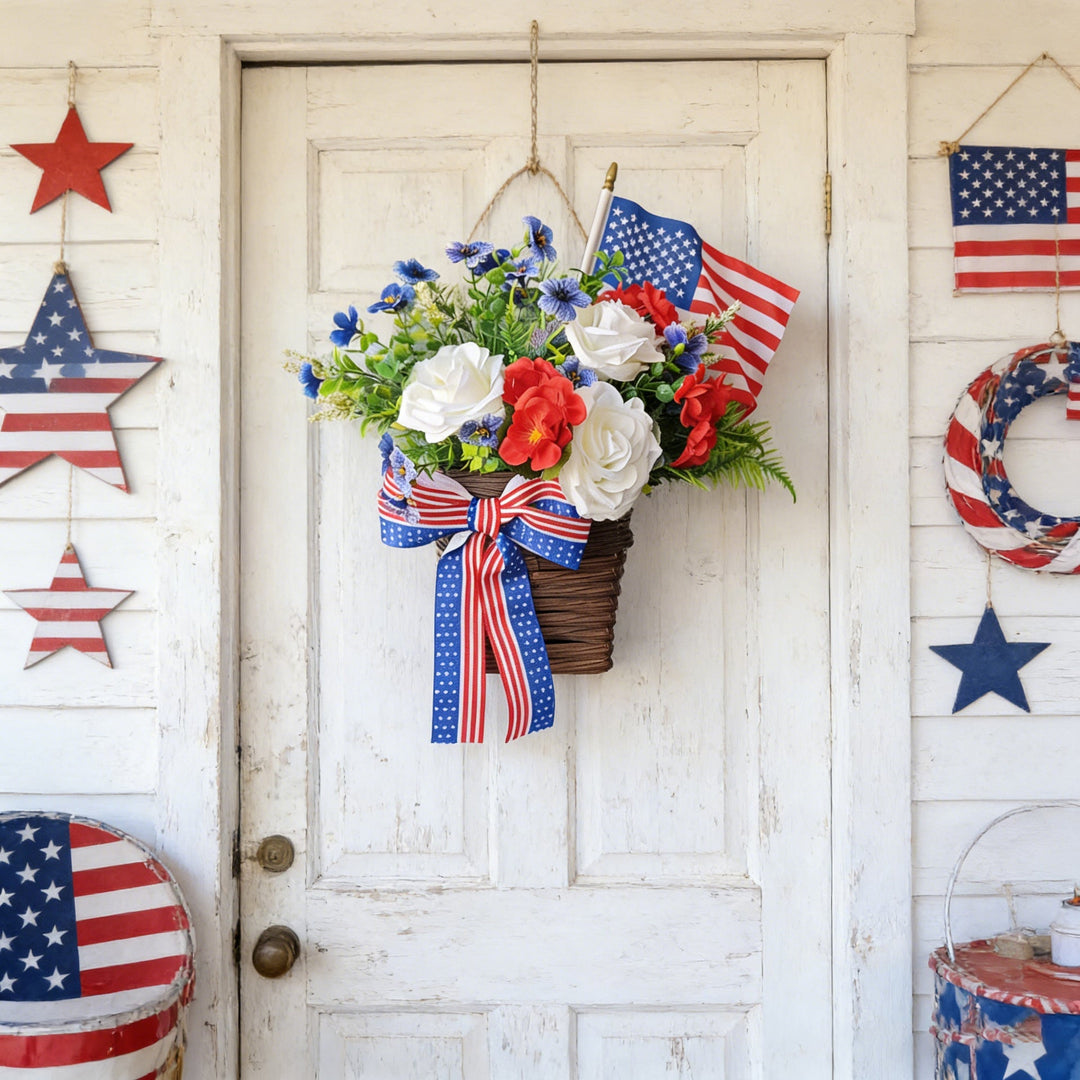 Unisex nan American patriotic door hanging floral basket with ribbon accents Kalsten