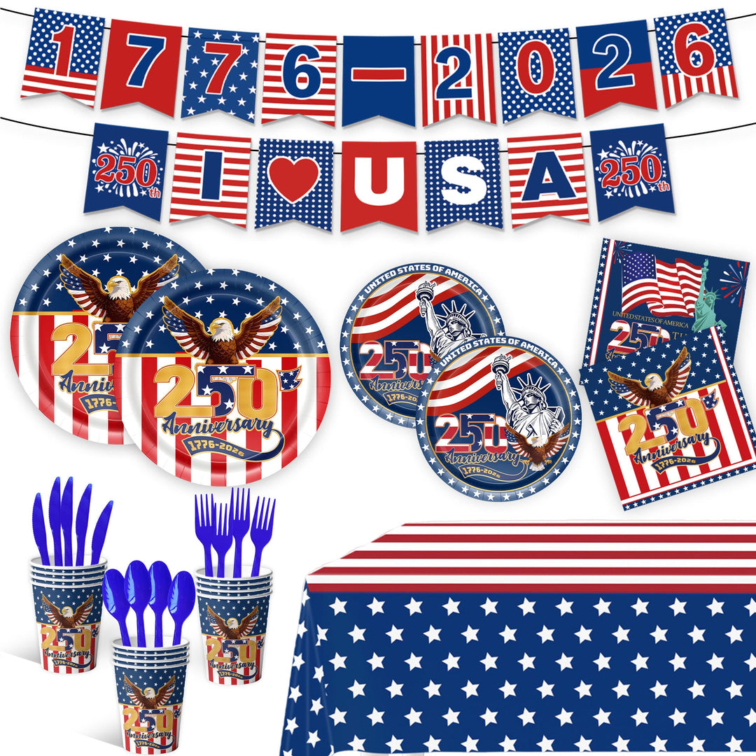 Unisex nan Patriotic Anniversary Disposable Tableware Party Kit with Stars Stripes Plates Cups Napkins Cutlery Banner Kalsten