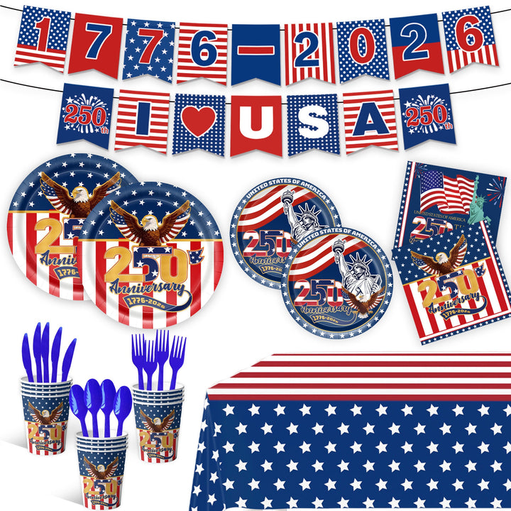 Unisex nan Patriotic Anniversary Disposable Tableware Party Kit with Stars Stripes Plates Cups Napkins Cutlery Banner Kalsten