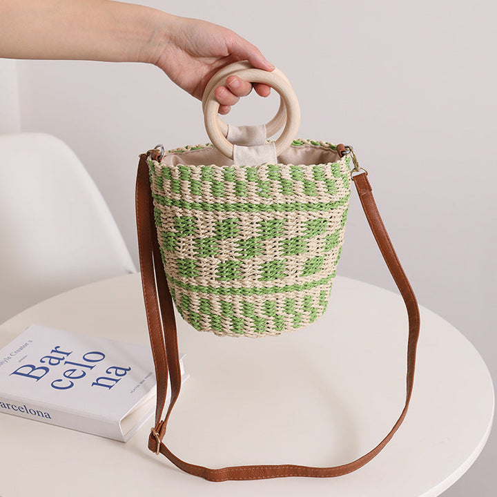 Handcrafted basket bag with wooden handle and adjustable shoulder strap Kalsten