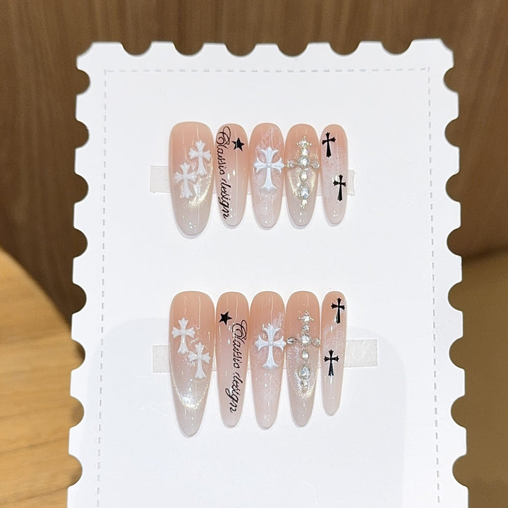 Artificial nail tips with cross and glitter motifs Kalsten