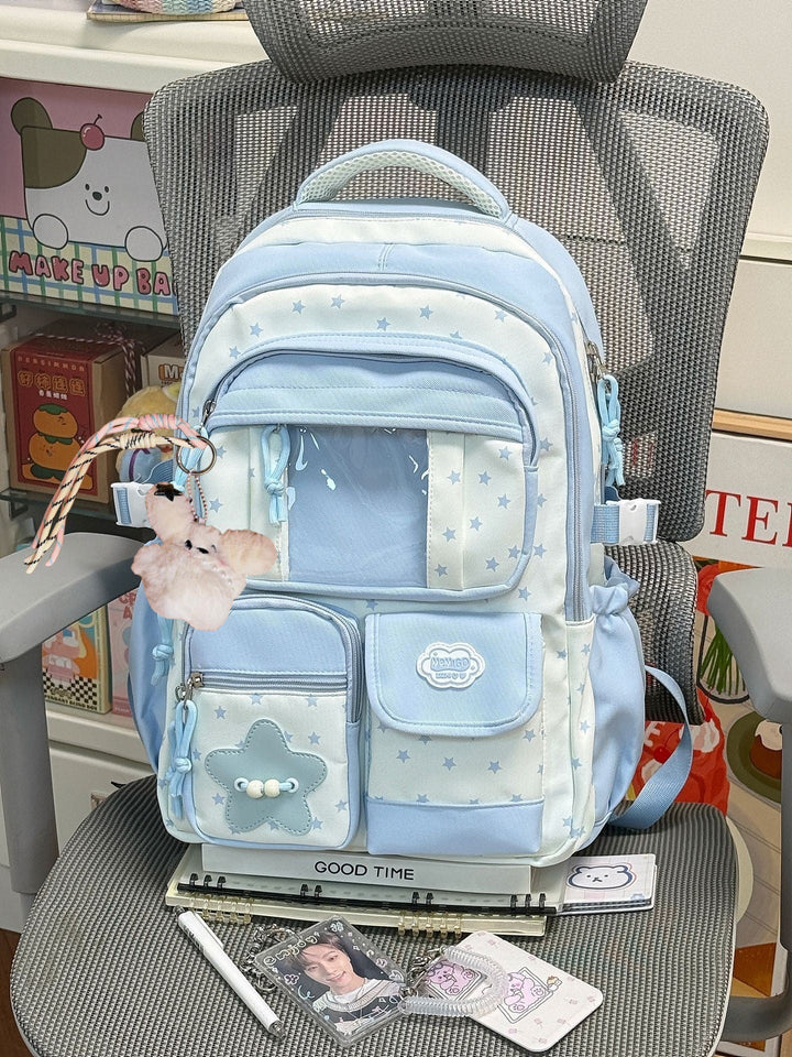 Cute Star-Print Multi-Pocket School Backpack