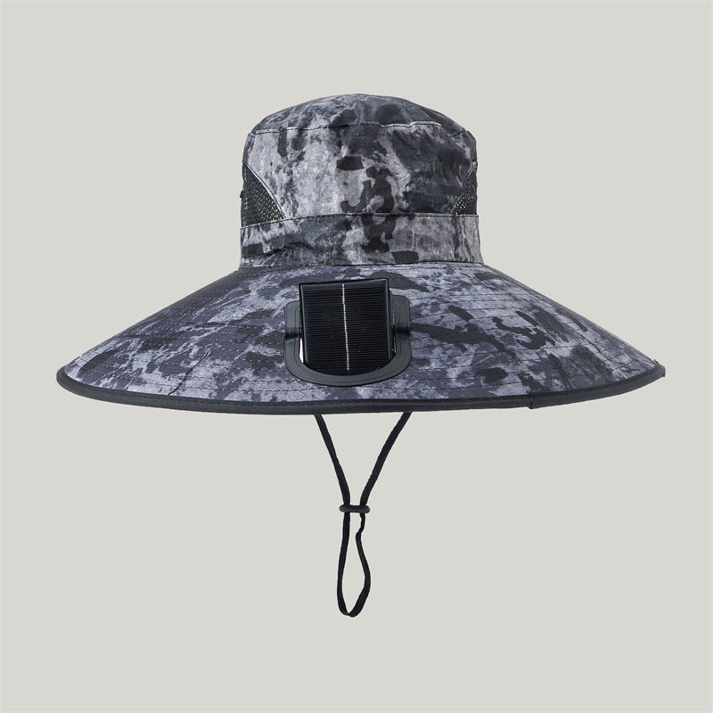 Wide-brimmed outdoor sun hat with solar-powered micro fan, breathable mesh and adjustable chin strap Kalsten
