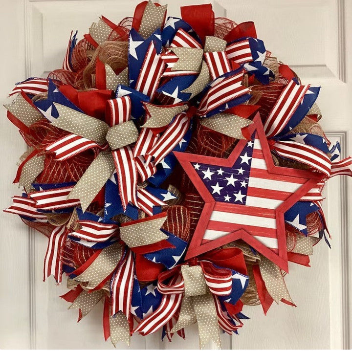 Unisex nan Patriotic Americana Heart Flag Wreath with Ribbon Mesh, Wooden Heart Cutout and Star Accent Bowlsift Kalsten