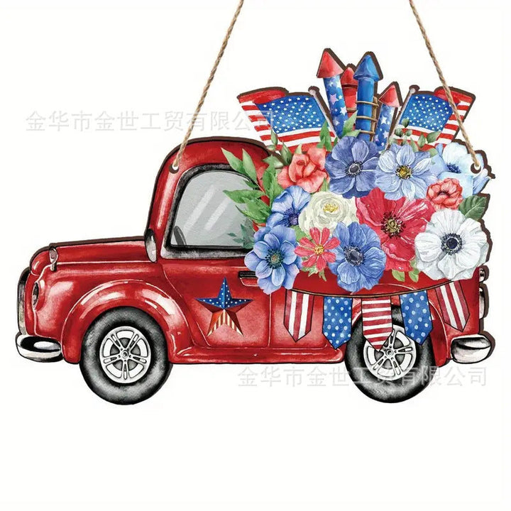 Independence Day rustic round wooden patriotic cross wall plaque with floral accents and God Bless America banner Kalsten