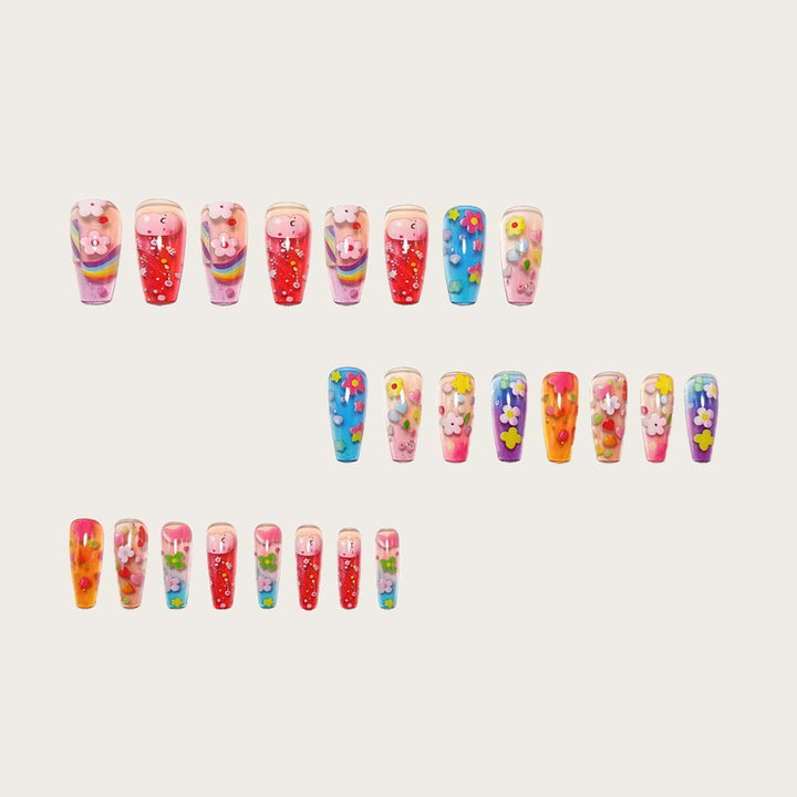 Artificial nails with colorful floral designs and 3D details Kalsten