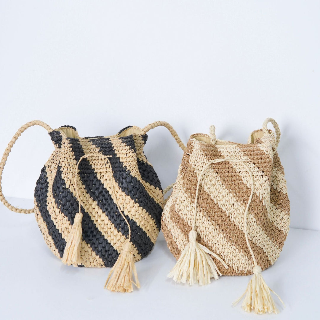 Braided Tote Bag with Tassels and Striped Design Kalsten