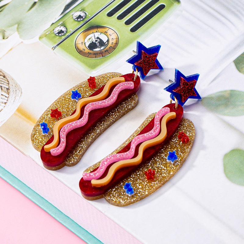 Women's original statement earrings in hotdog design with star stud and layered acrylic mix Kalsten