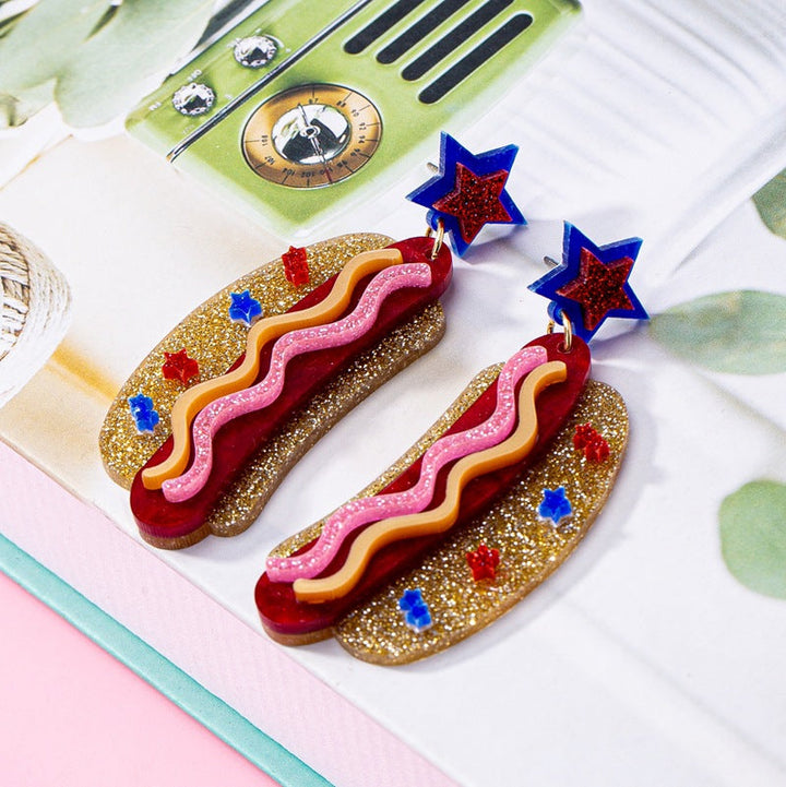 Women's original statement earrings in hotdog design with star stud and layered acrylic mix Kalsten