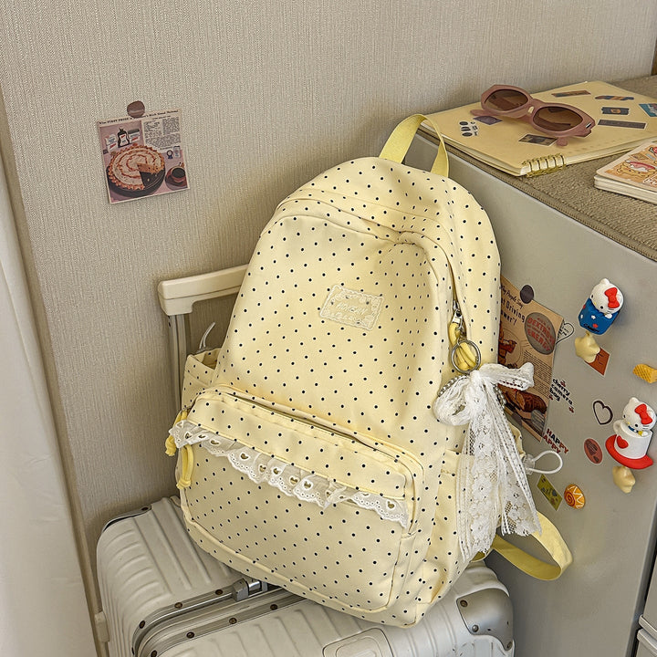 Charming Lace-Trimmed Polka Dot School Backpack