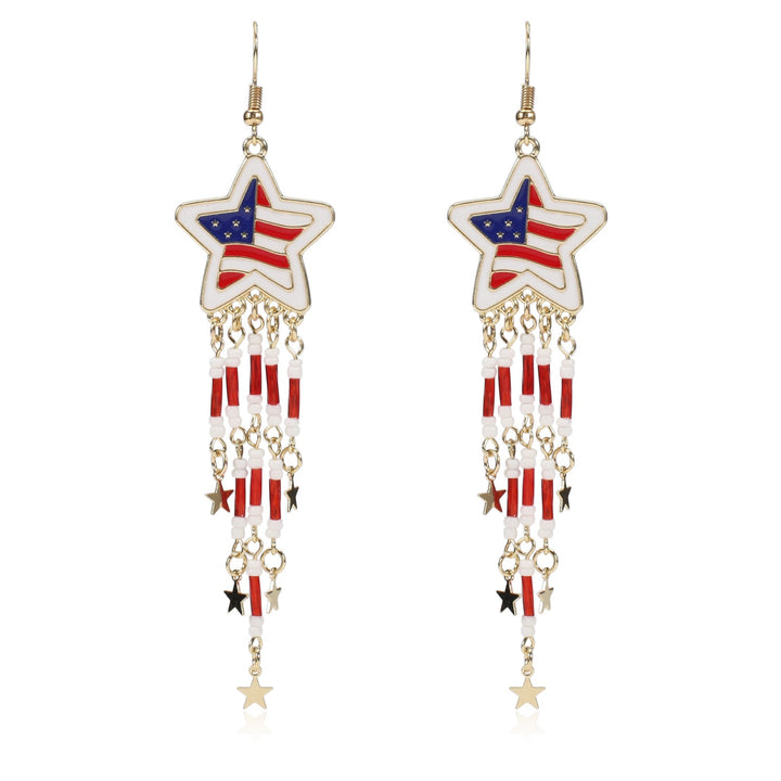 Women's nan long beaded fringe dangle earrings with enamel flag medallion and crystal drops Kalsten
