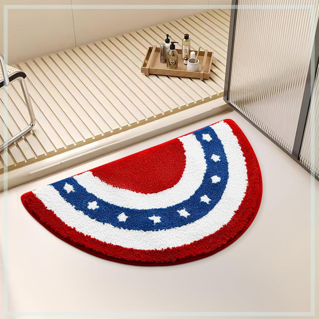 Semi-Circular Tufted Chenille Non-Slip Bathroom Mat With Star Stripe Pattern