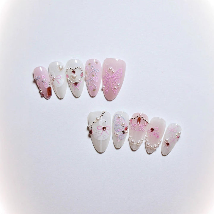 Decorative 3D Bow and Pearl Press-On Nail Art Kalsten