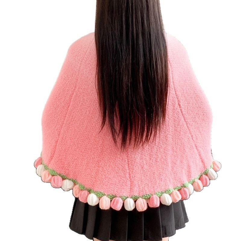 Poncho with Colorful Pom Pom Trim Kalsten