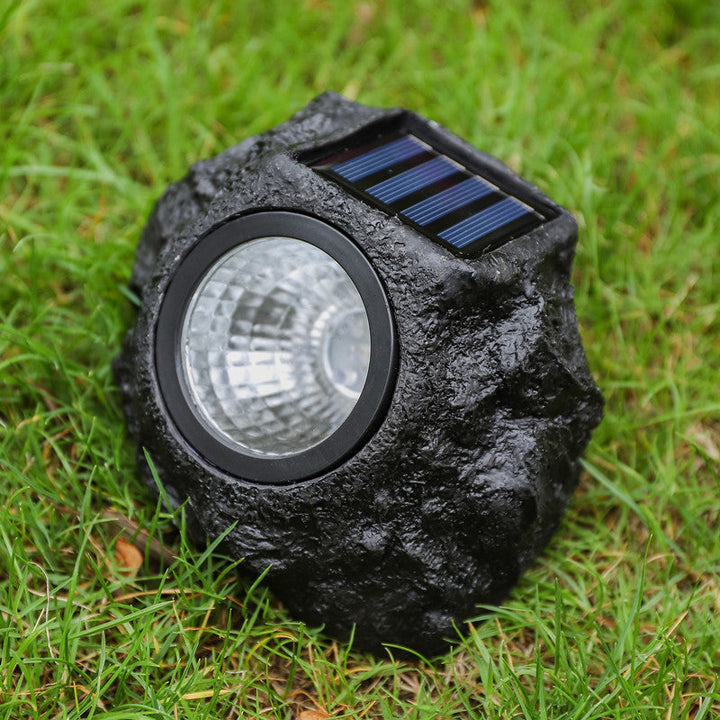 Solar-Powered LED Faux-Rock Garden Spotlight With Integrated Solar Panel And Weatherproof Textured Resin Housing Kalsten