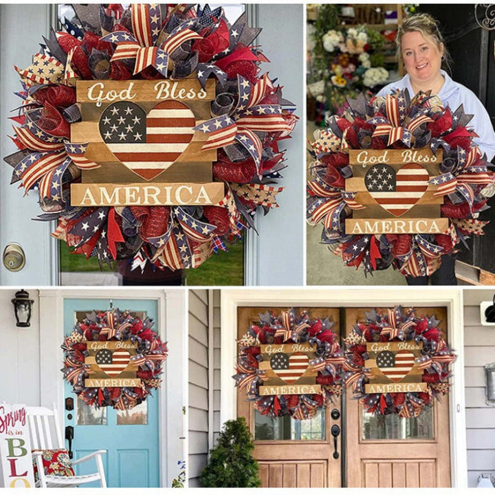 Unisex rustic patriotic door wreath with wooden sign heart motif and bow bouquet Kalsten