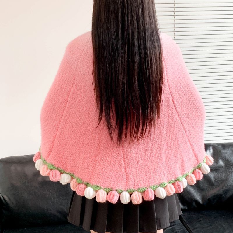 Poncho with Colorful Pom Pom Trim Kalsten