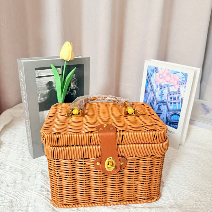Women's Handwoven Rattan Storage Basket with Belly Pocket Kalsten