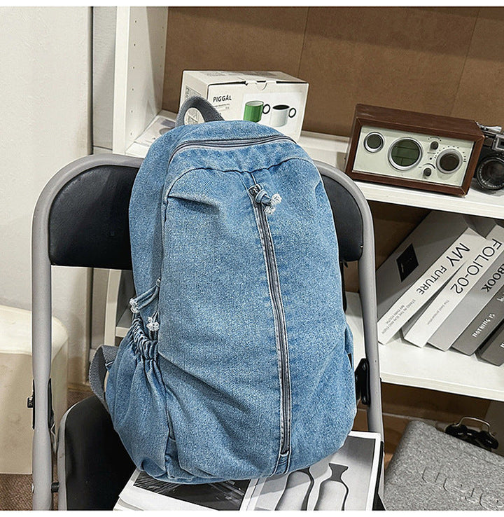 Denim-Textured Casual School Backpack