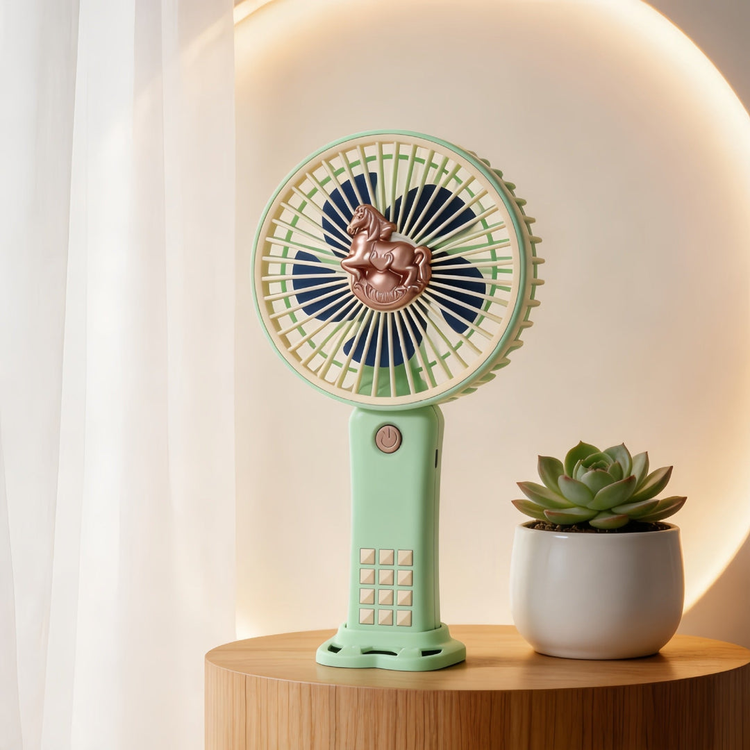 Ladies portable hand fan with playful horse motif Kalsten