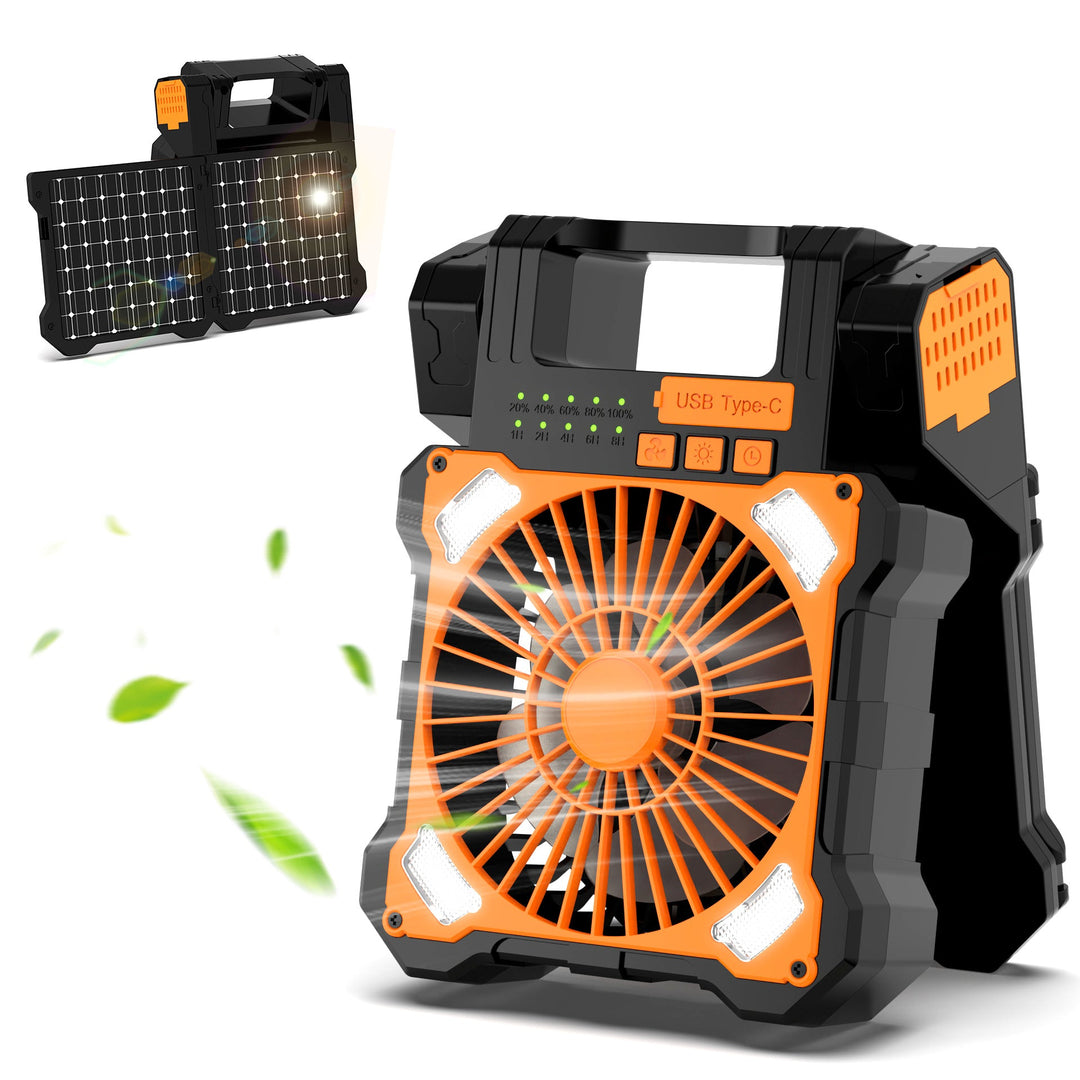 Cooling portable solar camping fan with USB-C power bank and integrated LED work light Kalsten