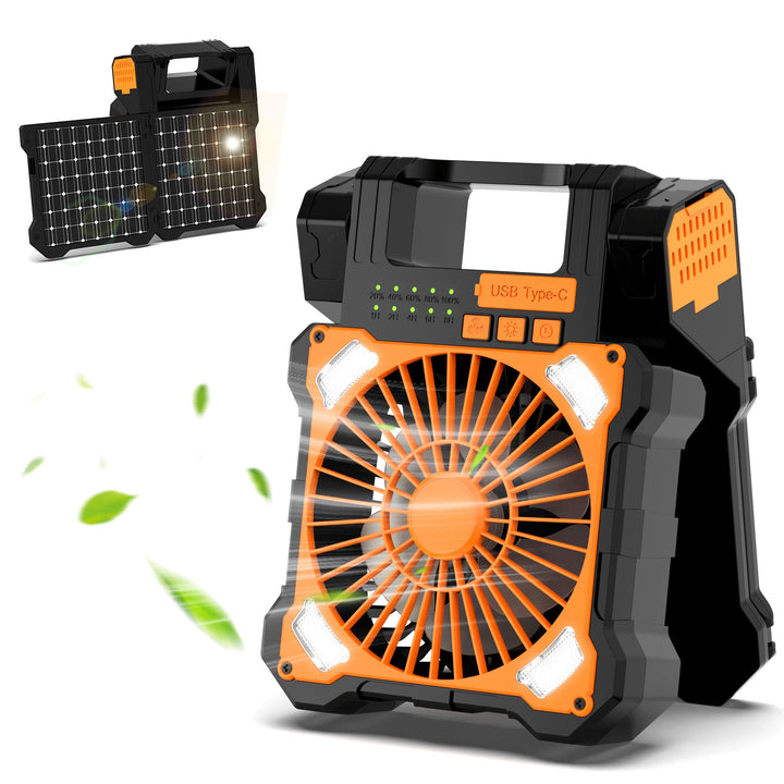 Cooling portable solar camping fan with USB-C power bank and integrated LED work light Kalsten