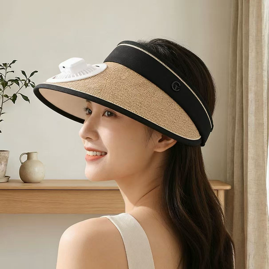 Air-cooled straw hat with detachable battery fan and elastic headband Kalsten