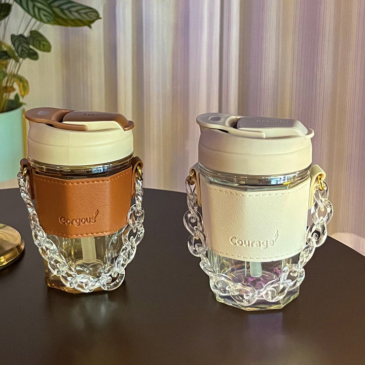 Women drinking cup with elegant leather handle and practical carrying chain Kalsten