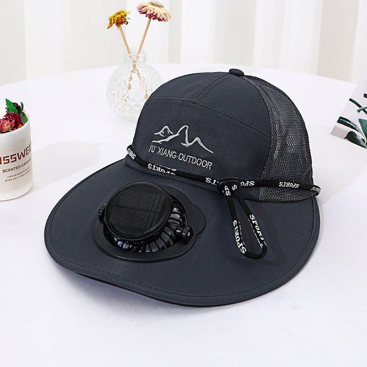 Ventilated outdoor sun hat with integrated solar fan detachable solar panel breathable mesh and adjustable chin strap Kalsten