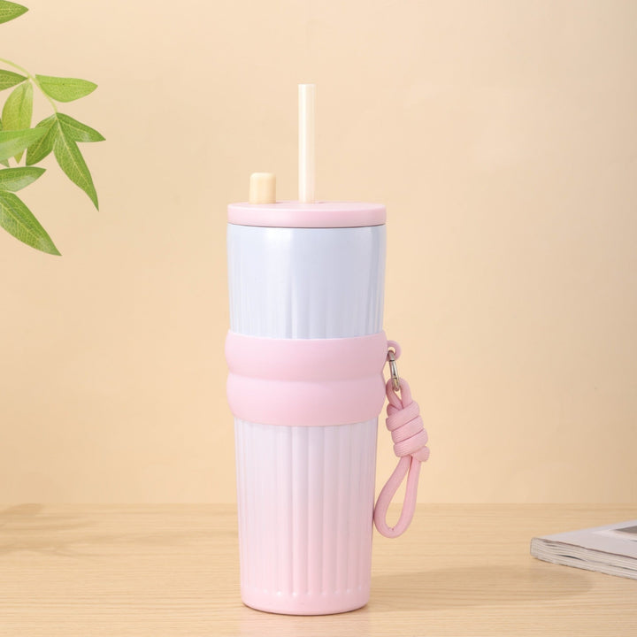 Ladies multifunctional insulated drinking bottle with integrated straw and practical carrying handle Kalsten