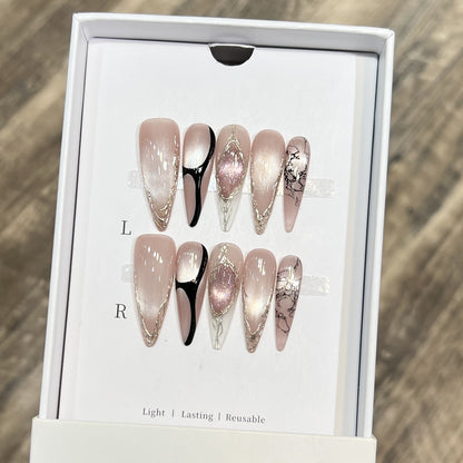 Artistic Stiletto Press-On Nail Set with Unique Marble Design Acalora