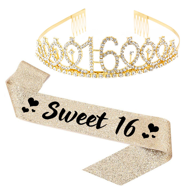 Girl Glittering Birthday Crown and Sash Set Kalsten