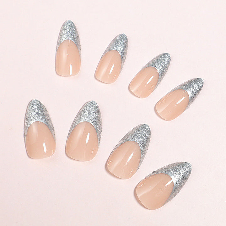 Elegant Glossy Almond-Shaped Press-On Nails with Silver Glitter Tips Kalsten