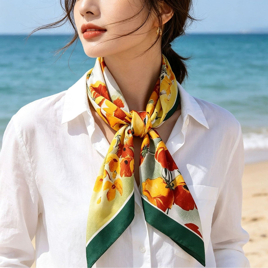 Women's silk scarf in elegant botanical design Kalsten