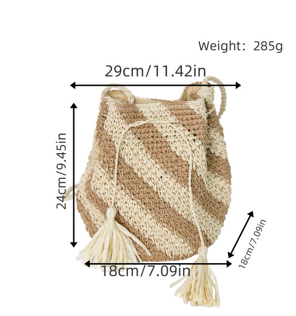 Braided Tote Bag with Tassels and Striped Design Kalsten