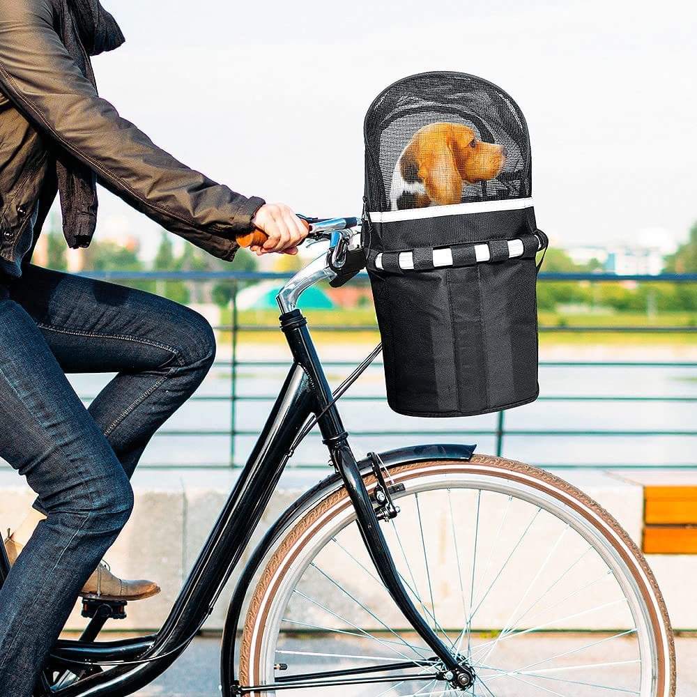 front-mount bicycle pet carrier basket with mesh canopy, reflective trim and adjustable straps Kalsten