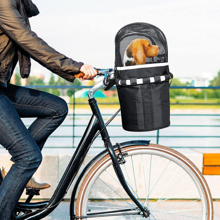 front-mount bicycle pet carrier basket with mesh canopy, reflective trim and adjustable straps Kalsten