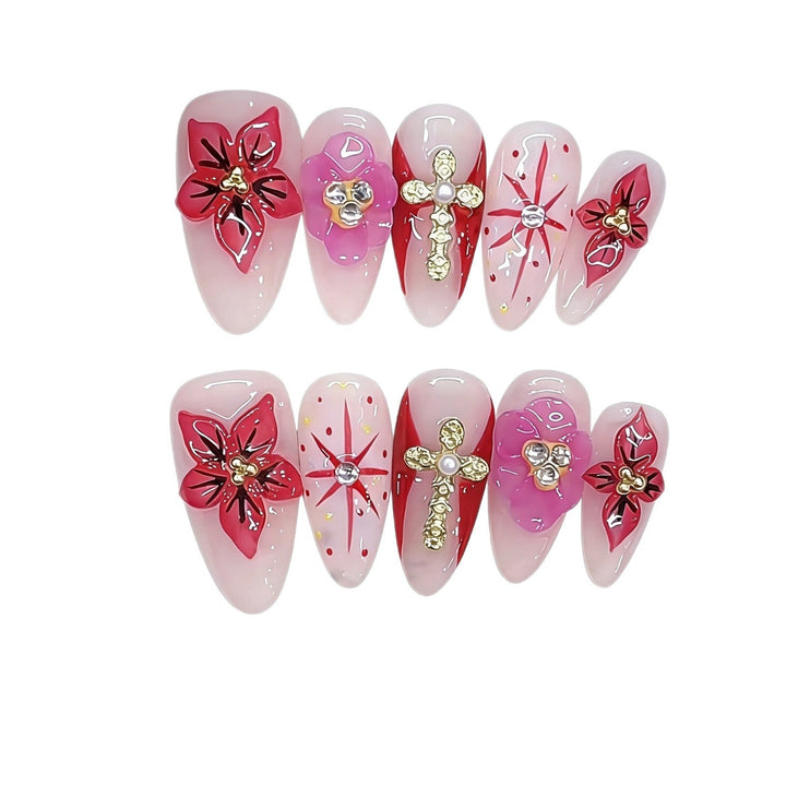 Artistic Floral and Gemstone-Embellished Press-On Nails Kalsten