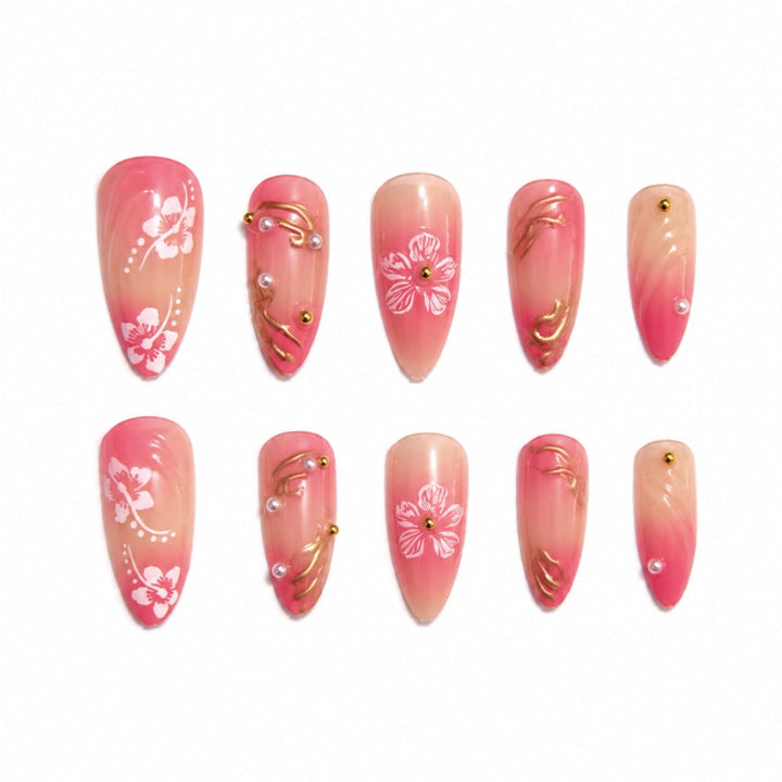 Artificial nails with floral decorations and gold accents Kalsten