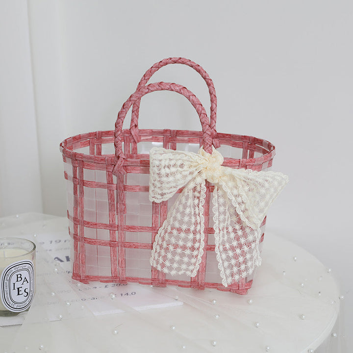 Handcrafted basket bag with elegant bow applique Kalsten