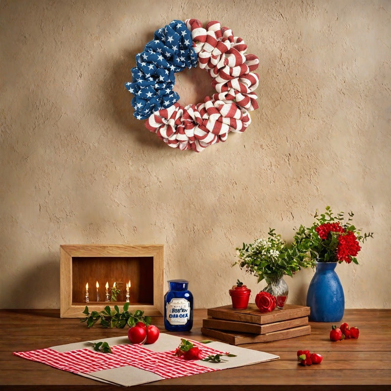 Unisex nan patriotic burlap wreath with ruffled looped design and stars and stripes motif for front door Kalsten