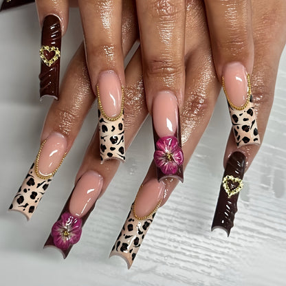 Decorative Long Acrylic Press-On Nail Art with Floral and Leopard Designs Acalora