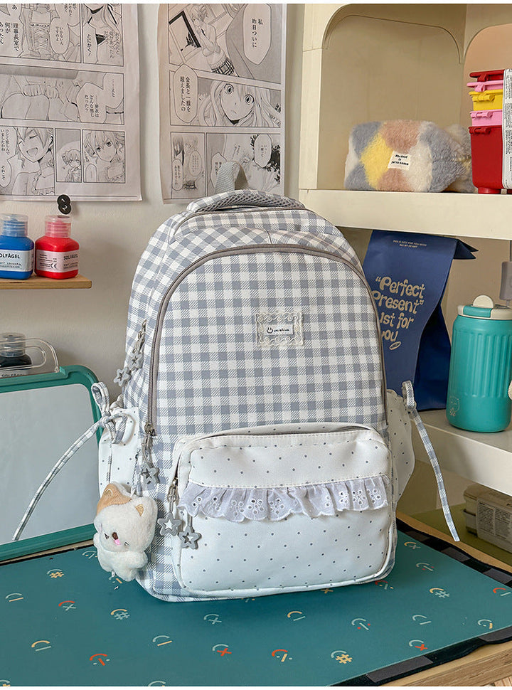 Adorable Gingham-Patterned Multi-Pocket School Backpack