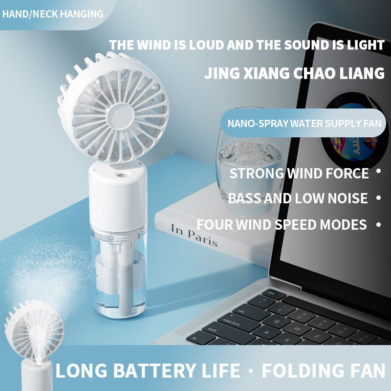 Cooling compact rechargeable folding misting handheld fan with transparent water reservoir detachable base and four speed brushless motor Kalsten